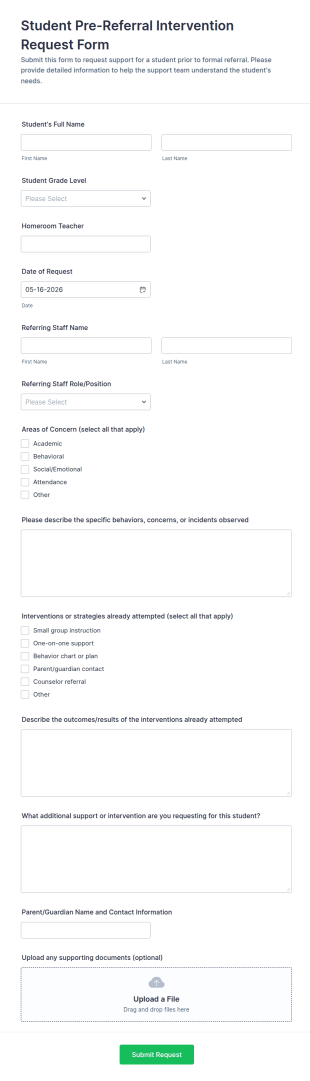 Student Pre Referral Intervention Request Form Template