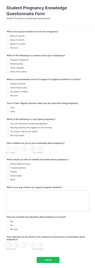 Student Pregnancy Knowledge Questionnaire Form Template