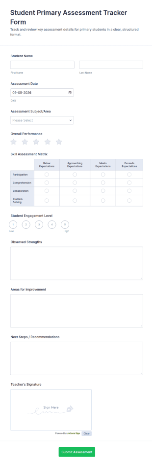 Student Primary Assessment Tracker Form Template