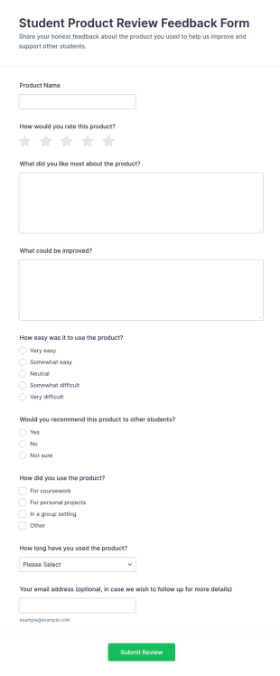Student Product Review Feedback Form Template