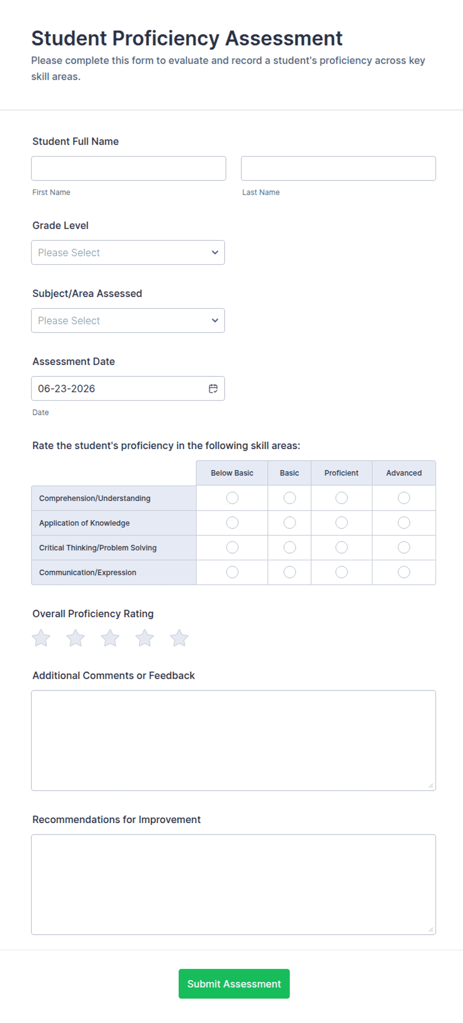 Student Proficiency Assessment Form Template | Jotform