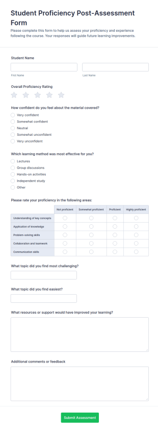 Student Proficiency Post Assessment Form Template