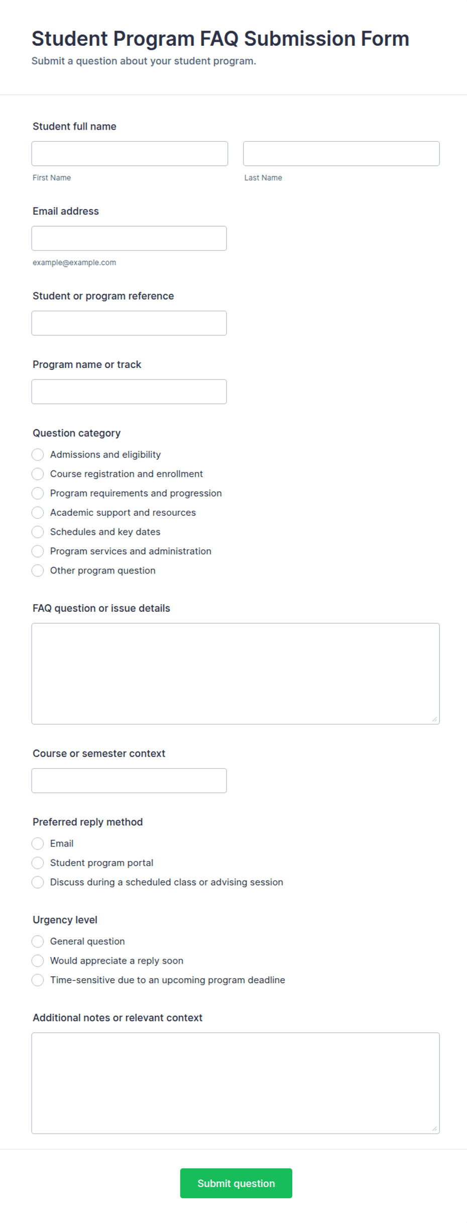Student Program FAQ Submission Form Template | Jotform