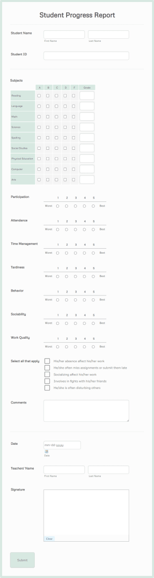 Student Progress Evaluation Form Template
