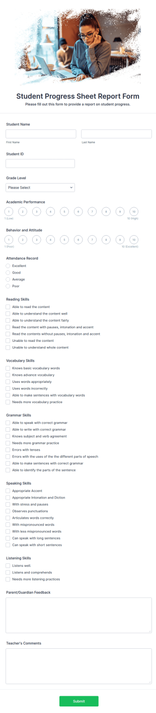 Student Progress Sheet Report Form Template
