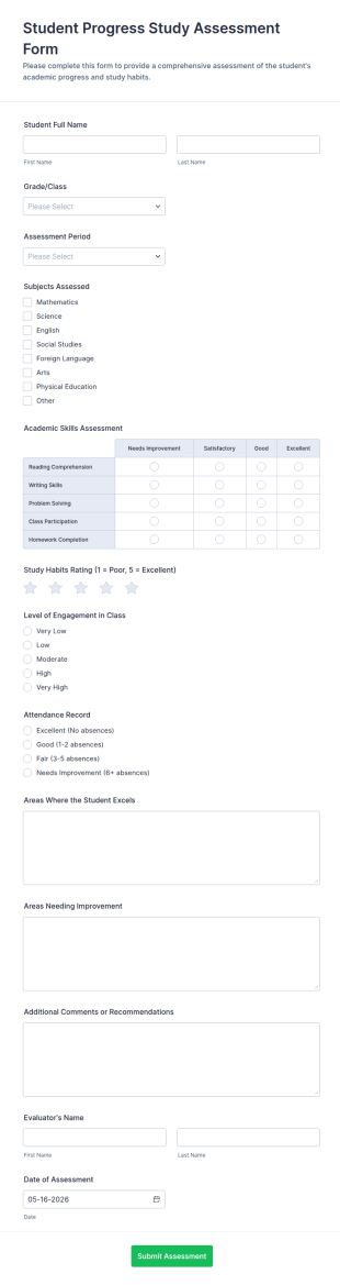 Student Progress Study Assessment Form Template