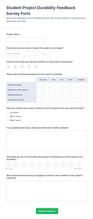 Student Project Durability Feedback Form Template