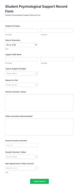 Student Psychological Support Record Form Template