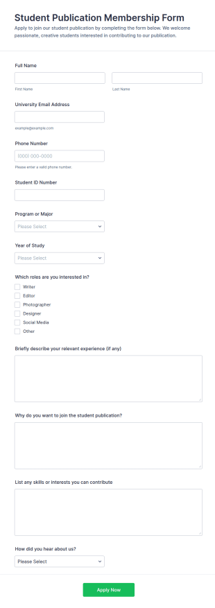 Student Publication Membership Form Template