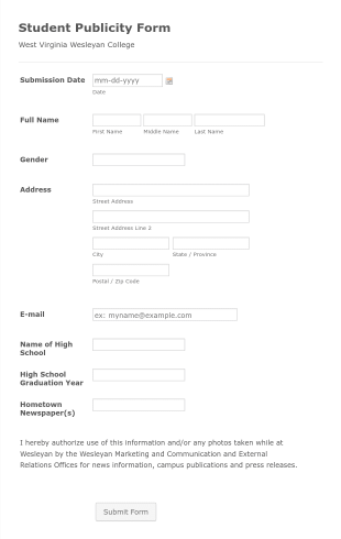 Student Publicity Form Template