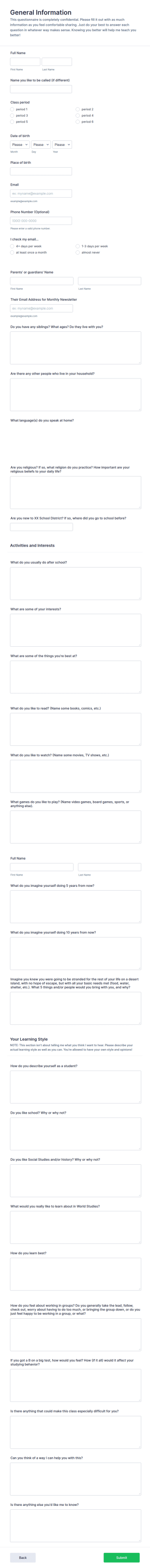 Student Questionnaire Form Template
