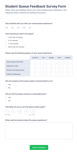 Student Queue Feedback Survey Form Template