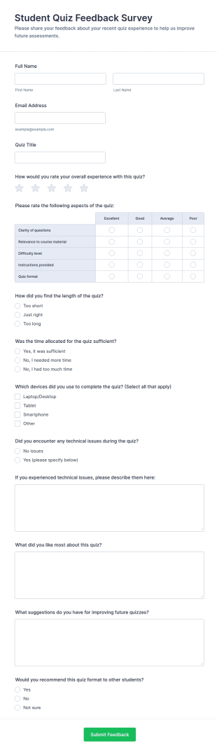 Student Quiz Feedback Survey Form Template