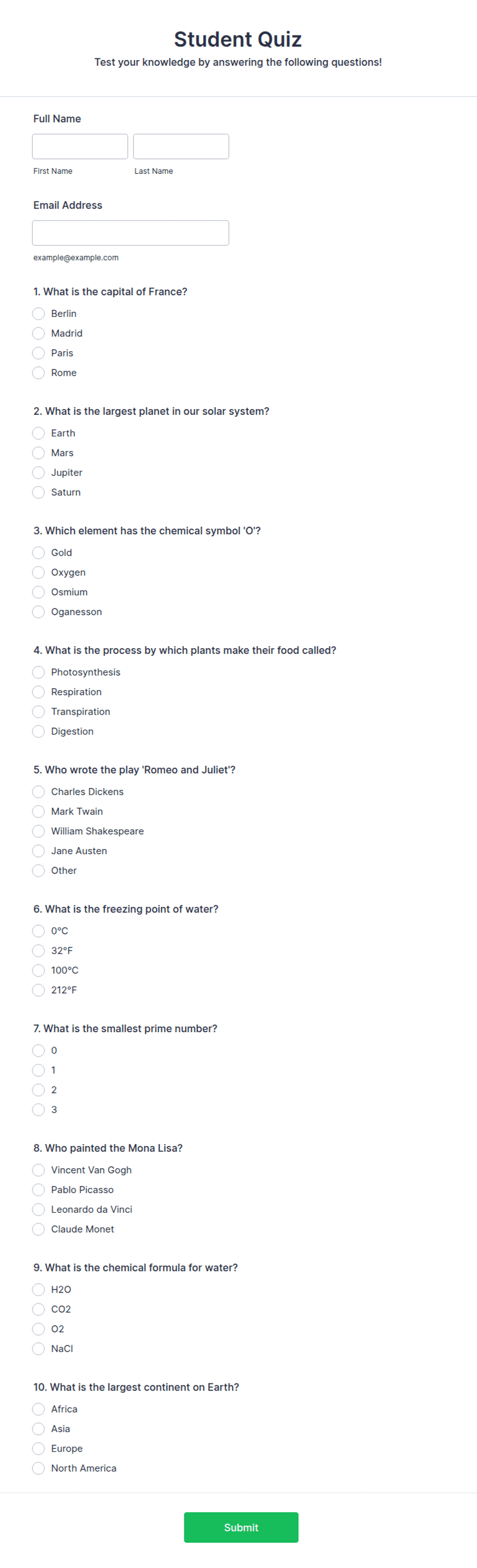 Student Quiz Form Template | Jotform