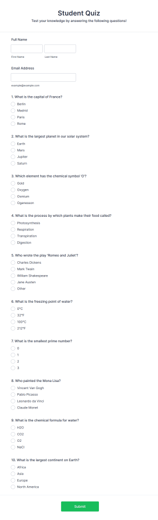 Student Quiz Form Template