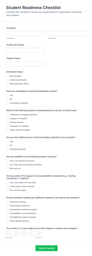 Student Readiness Checklist Form Template