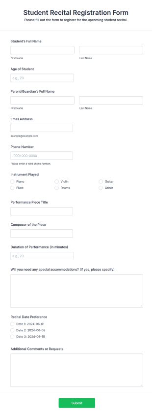 Student Recital Registration Form Template