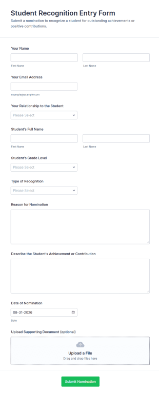 Student Recognition Entry Form Template