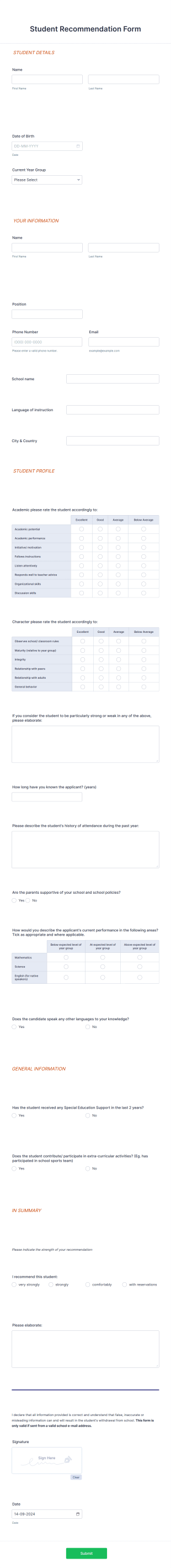 Student Recommendation Form Template