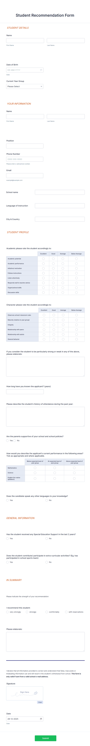 Student Recommendation Form Template