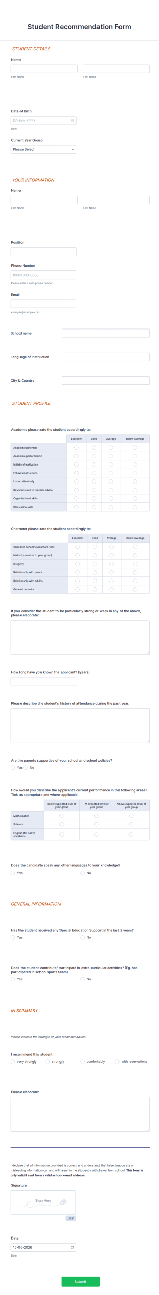 Student Recommendation Form Template