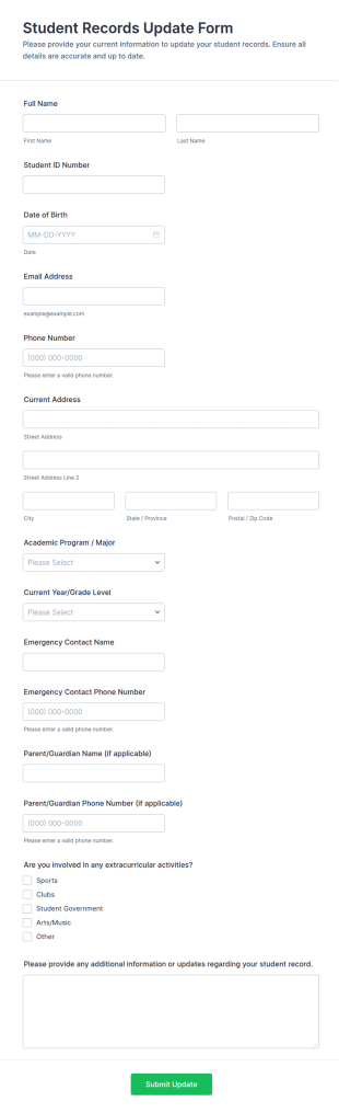 Student Records Update Form Template