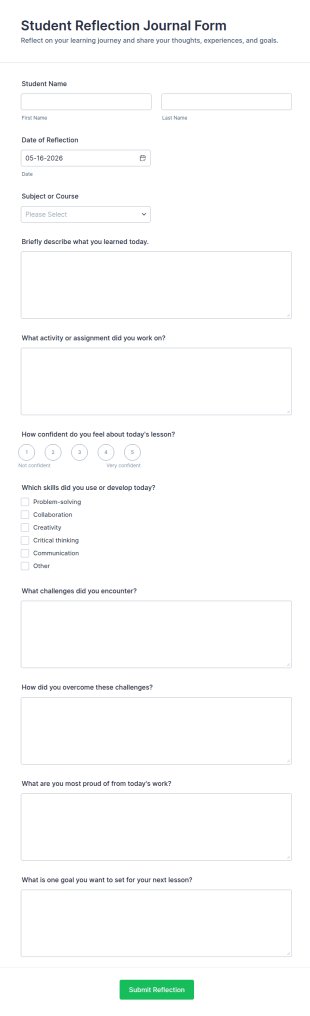 Student Reflection Journal Form Template
