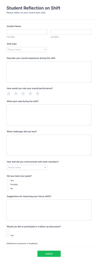 Student Reflection On Shift Form Template