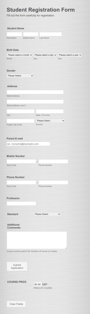 Student Registration And Payment Form Template
