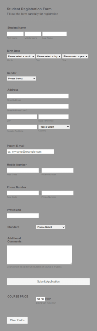 Student Registration And Payment Form Template