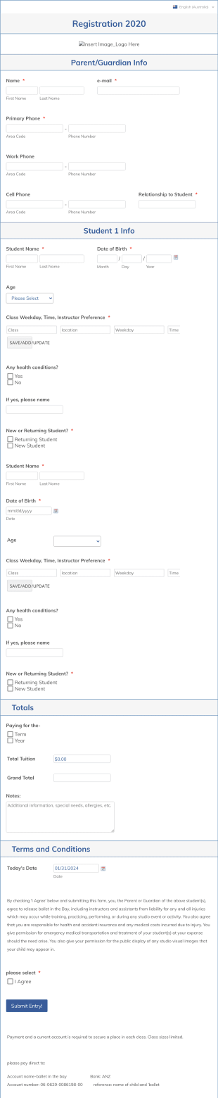 Student Registration Form For Ballet In The Bay Form Template
