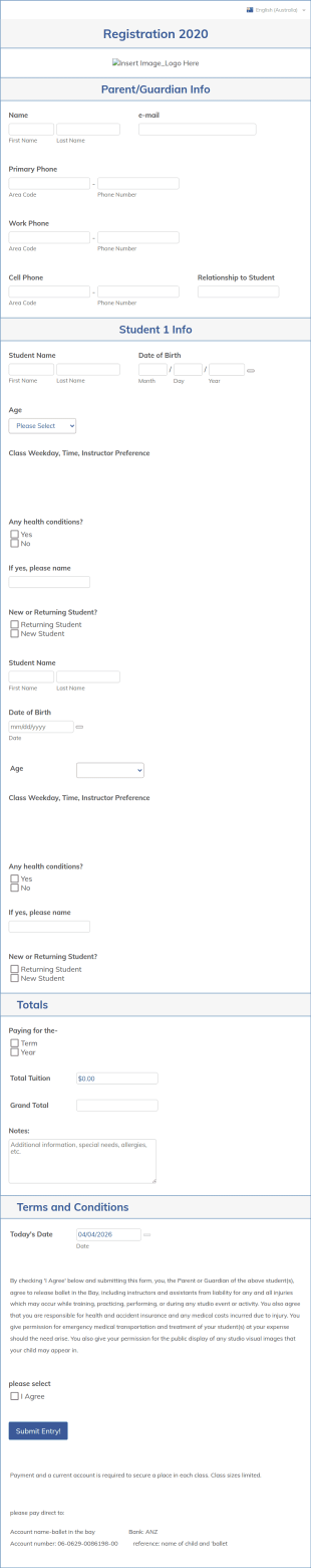 Student Registration Form For Ballet In The Bay