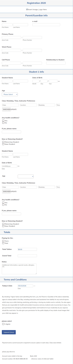 Student Registration Form For Ballet In The Bay