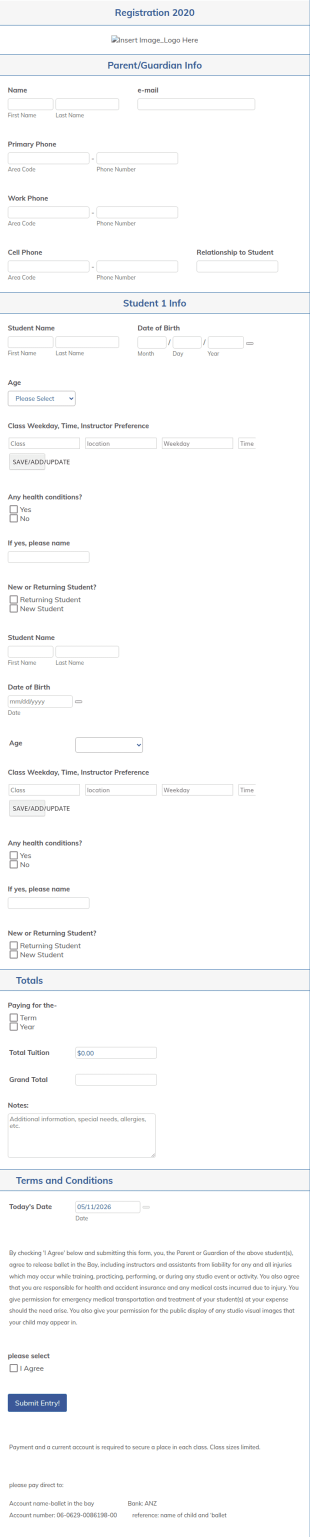 Student Registration Form For Ballet In The Bay