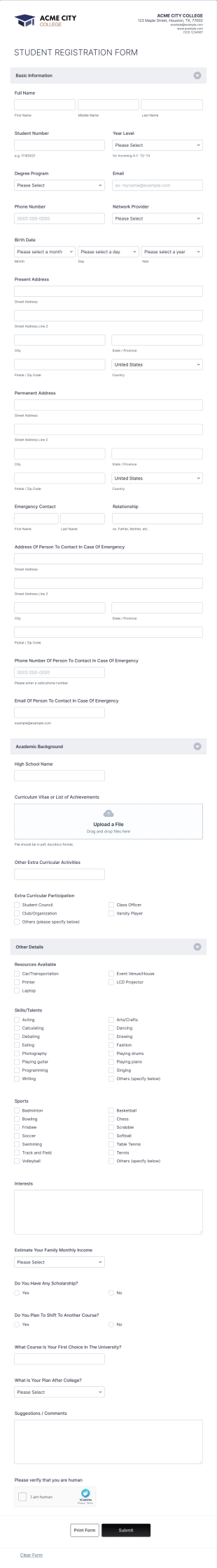 Student Registration Form Template