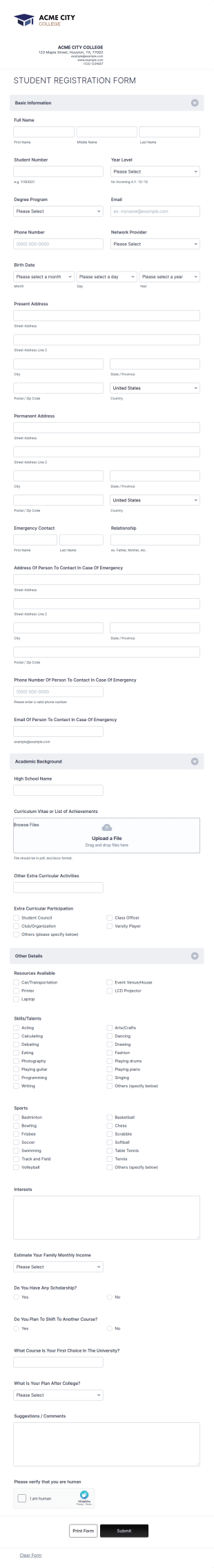 Student Registration Form Template
