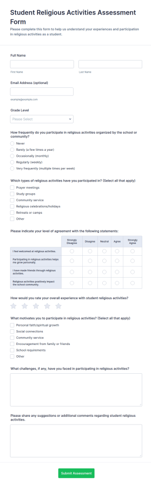 Student Religious Activities Assessment Form Template
