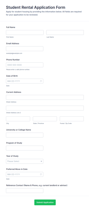Student Rental Application Form Template
