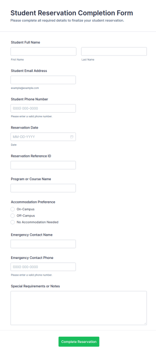 Student Reservation Completion Form Template