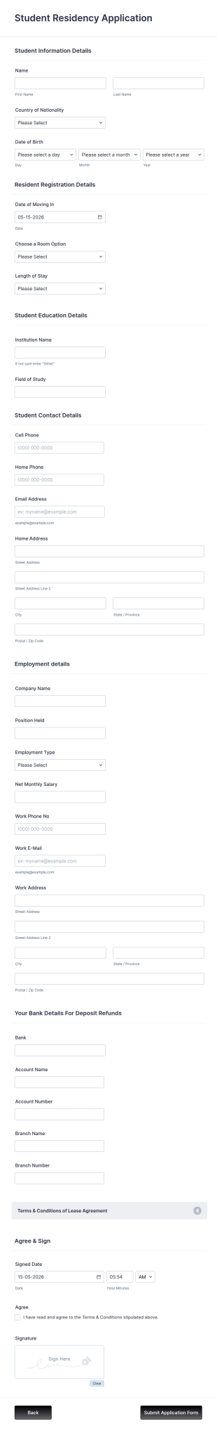 Student Residency Application Form Template