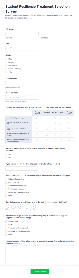 Student Resilience Treatment Selection Survey Form Template