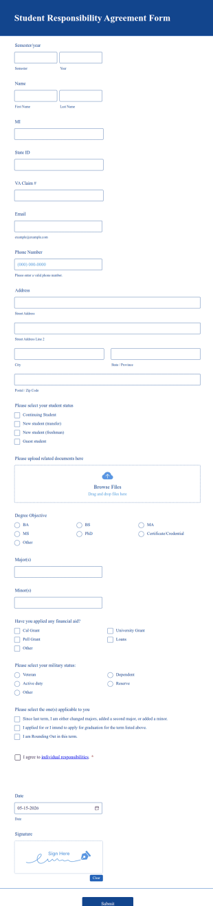 Student Responsibility Agreement Form Template