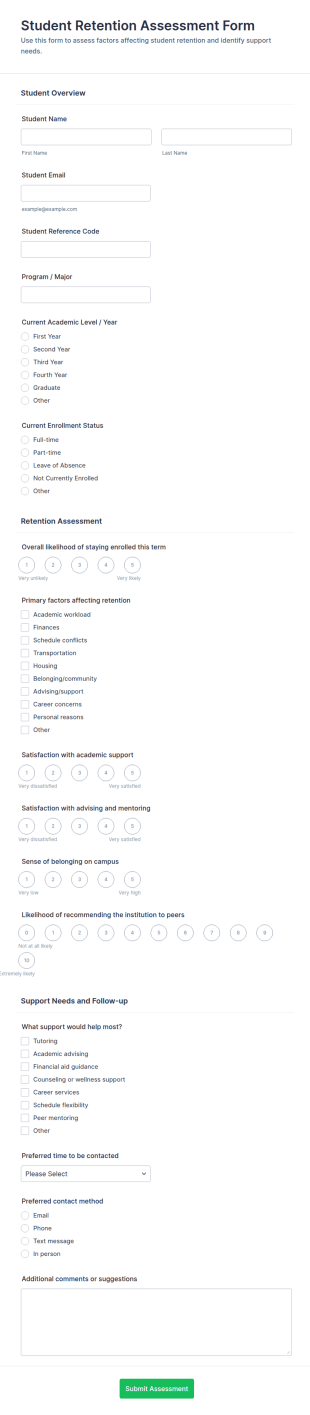Student Retention Assessment Form Template
