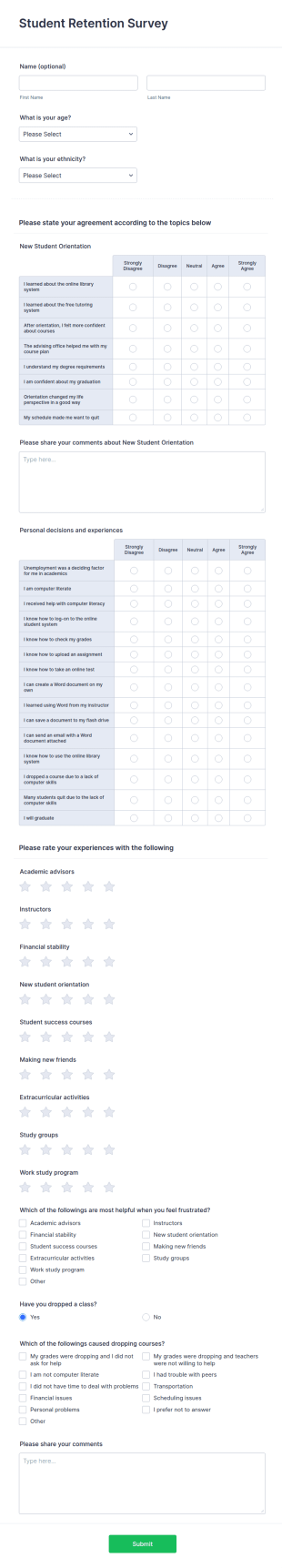 Student Retention Survey Form Template