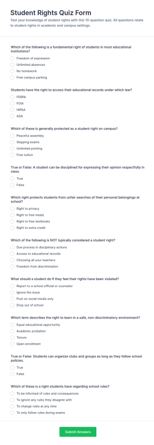 Student Rights Quiz Form Template