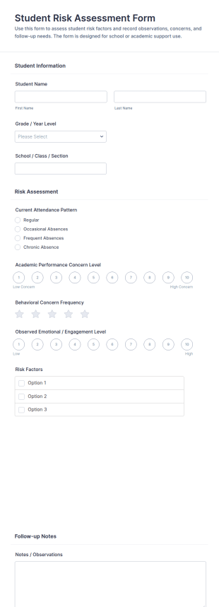 Student Risk Assessment Form Template