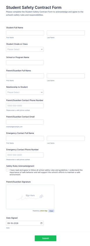 Student Safety Contract Form Template