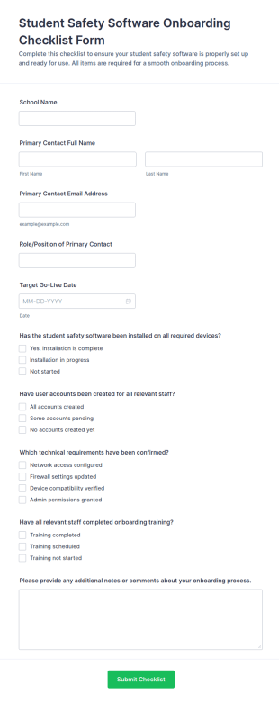 Student Safety Software Onboarding Checklist Form Template