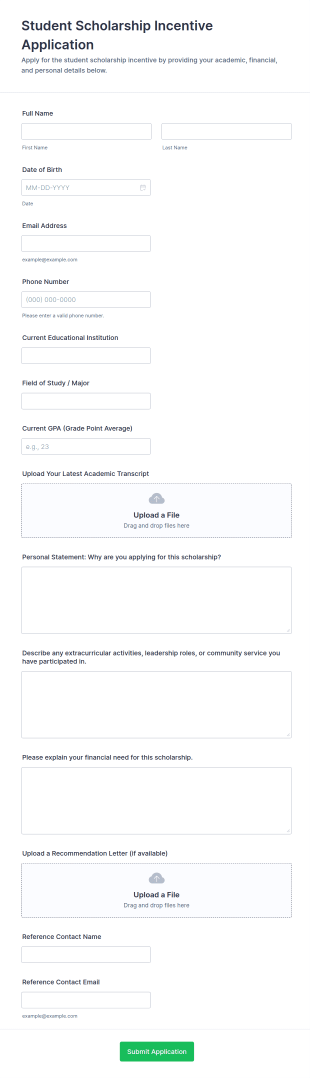 Student Scholarship Incentive Application Form Template
