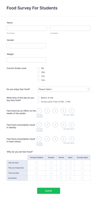 Student Food Survey Template